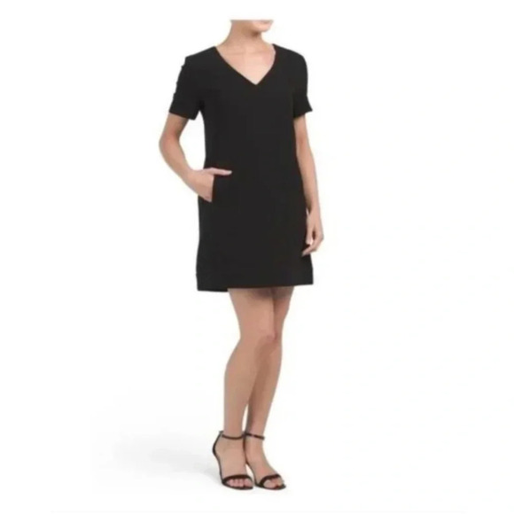Theory V-neck Crepe Banded Shift Dress Admiral Crepe Light Solid Black Size 8 - Picture 1 of 7